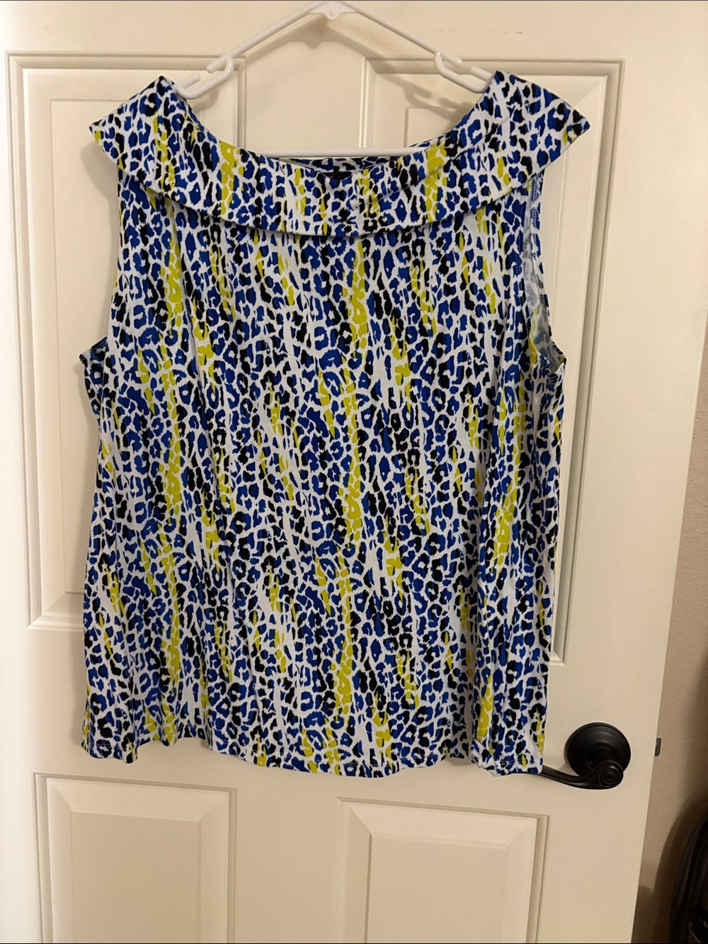 Rafaella Blue and Yellow Animal Print Ruffle Neck Sleeveless Top